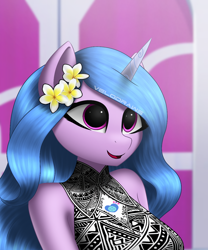 Size: 2000x2400 | Tagged: safe, artist:aryatheeditor, artist:velodraws, izzy moonbow, unicorn, anthro, g5, bare shoulders, beautiful, clothes, crystal brighthouse, cute, cutie mark on clothes, dress, flower, flower in hair, izzybetes, looking up, sleeveless, smiling