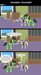 Size: 1920x3516 | Tagged: safe, artist:platinumdrop, derpy hooves, oc, oc:anon, oc:anon stallion, pegasus, pony, comic:caretaker: grounded, series:caretaker, g4, 3 panel comic, abuse, accident, avoiding eye contact, bound wings, bowl, broken, broken plate, caretaker, chair, comic, commission, crash, crying, curtains, derpybuse, dialogue, dining room, domestic abuse, duo, duo male and female, ears back, female, floppy ears, folded wings, food, furniture, indoors, lettuce, looking at each other, looking at someone, looking away, looking back, looking down, male, mare, mouth hold, open mouth, plate, punishment, raised hoof, rope, sad, sad pony, salad, scolding, scrunchy face, series, speech bubble, stallion, stern, stubble, table, talking, tears of sadness, teary eyes, tomato, tying, window, wings