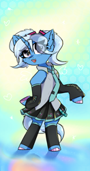 Size: 2160x4096 | Tagged: safe, artist:jubyskylines, trixie, pony, unicorn, semi-anthro, g4, abstract background, bipedal, clothes, colored hooves, cosplay, costume, cute, cute little fangs, eye clipping through hair, fangs, female, hatsune miku, leggings, mare, necktie, open mouth, open smile, pigtails, shirt, skirt, smiling, solo, twintails, vocaloid