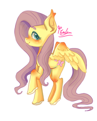 Size: 2400x3000 | Tagged: safe, artist:redlaserartist, fluttershy, pegasus, pony, g4, blushing, cutie mark eyes, female, looking at you, mare, raised hoof, signature, simple background, smiling, solo, spread wings, tail, unshorn fetlocks, white background, wingding eyes, wings