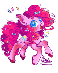 Size: 2400x3000 | Tagged: safe, artist:redlaserartist, pinkie pie, earth pony, pony, g4, blushing, candy, candy in hair, cutie mark eyes, emanata, female, food, knee blush, looking at you, mare, open mouth, open smile, signature, simple background, smiling, solo, tail, unshorn fetlocks, white background, wingding eyes