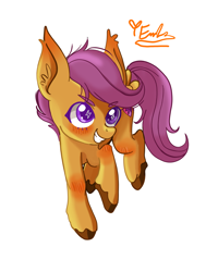 Size: 2400x3000 | Tagged: safe, artist:redlaserartist, scootaloo, pegasus, pony, g4, blushing, cutie mark eyes, ear fluff, female, filly, foal, grin, knee blush, signature, simple background, smiling, solo, tail, unshorn fetlocks, white background, wingding eyes