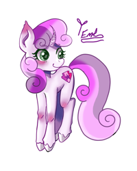 Size: 2400x3000 | Tagged: safe, artist:redlaserartist, sweetie belle, pony, unicorn, g4, blushing, curved horn, cutie mark eyes, ear blush, female, filly, foal, horn, knee blush, looking at you, signature, simple background, smiling, smiling at you, solo, tail, unshorn fetlocks, white background, wingding eyes