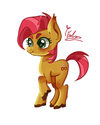 Size: 2400x3000 | Tagged: safe, artist:redlaserartist, babs seed, earth pony, pony, g4, blushing, cutie mark eyes, female, filly, foal, knee blush, raised hoof, signature, simple background, smiling, solo, tail, unshorn fetlocks, white background, wingding eyes