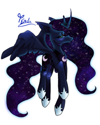 Size: 2400x3000 | Tagged: safe, artist:redlaserartist, princess luna, alicorn, pony, g4, blushing, curved horn, cutie mark eyes, female, flying, hoof shoes, horn, jewelry, knee blush, lidded eyes, mare, peytral, princess shoes, regalia, signature, simple background, solo, spread wings, tail, tiara, white background, wingding eyes, wings