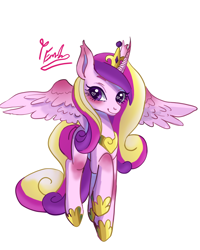Size: 2400x3000 | Tagged: safe, artist:redlaserartist, princess cadance, alicorn, pony, g4, blushing, crown, cutie mark eyes, female, heart, heart eyes, hoof shoes, jewelry, knee blush, mare, peytral, princess shoes, regalia, signature, simple background, smiling, solo, spread wings, tail, white background, wingding eyes, wings