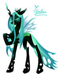 Size: 2400x3000 | Tagged: safe, artist:redlaserartist, queen chrysalis, changeling, changeling queen, g4, blush lines, blushing, colored blushing, colored eartips, fangs, female, hoof on chest, horn, knee blush, mare, open mouth, open smile, raised hoof, signature, simple background, smiling, solo, spread wings, tail, white background, wings