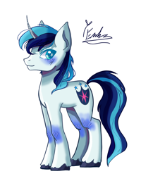 Size: 2400x3000 | Tagged: safe, artist:redlaserartist, shining armor, pony, unicorn, g4, blushing, cutie mark eyes, horn, horn pattern, knee blush, male, signature, simple background, solo, stallion, tail, unshorn fetlocks, white background, wingding eyes