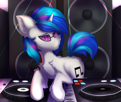 Size: 3520x2964 | Tagged: safe, artist:flapstune, dj pon-3, vinyl scratch, pony, unicorn, g4, bipedal, chest fluff, ear fluff, fluffy, glasses, horn, looking at you, male, record scrape, rule 63, signature, smiling, smiling at you, solo, stallion, turntable