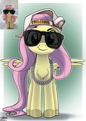 Size: 2480x3508 | Tagged: safe, alternate version, artist:ostarbito, derpibooru exclusive, fluttershy, pegasus, pony, backwards ballcap, baseball cap, cap, caption, chains, chest fluff, cute, female, green background, green eyes, hat, image macro, long tail, looking at you, mare, photo, pink mane, reference, shyabetes, simple background, smug, solo, speech bubble, spread wings, standing, sunglasses, tail, text, thug, thug life, university of southern california, wings, yellow coat