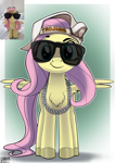 Size: 2480x3508 | Tagged: safe, alternate version, artist:ostarbito, fluttershy, pegasus, pony, backwards ballcap, baseball cap, cap, caption, chains, chest fluff, cute, female, green background, green eyes, hat, image macro, long tail, looking at you, mare, photo, pink mane, reference, shyabetes, simple background, smug, solo, speech bubble, spread wings, standing, sunglasses, tail, text, thug, thug life, university of southern california, wings, yellow coat