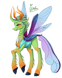 Size: 2400x3000 | Tagged: safe, artist:redlaserartist, thorax, changedling, changeling, g4, blushing, king thorax, knee blush, lidded eyes, male, raised hooves, signature, simple background, smiling, solo, spread wings, tail, white background, wings