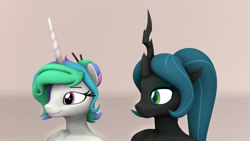 Size: 1920x1080 | Tagged: safe, artist:whiteskypony, princess celestia, queen chrysalis, anthro, g4, 3d, alternate hairstyle