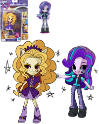 Size: 2400x3000 | Tagged: safe, artist:redlaserartist, adagio dazzle, starlight glimmer, human, equestria girls, g4, alternative cutie mark placement, boots, clothes, doll, dress, duo, duo female, eared humanization, equestria girls minis, facial cutie mark, female, hand on hip, hat, packaging, pants, shirt, shoes, simple background, smiling, sparkles, stars, toy, toy interpretation, vest, white background