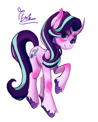 Size: 2400x3000 | Tagged: safe, artist:redlaserartist, starlight glimmer, pony, unicorn, g4, blushing, cutie mark eyes, female, horn, horn pattern, knee blush, looking at you, mare, raised hoof, signature, simple background, solo, tail, unshorn fetlocks, white background, wingding eyes