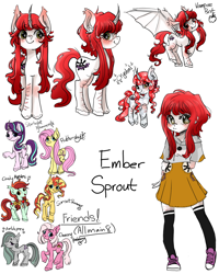 Size: 2400x3000 | Tagged: safe, artist:redlaserartist, candy apples, fluttershy, marble pie, starlight glimmer, sunset shimmer, oc, oc:cherry pudding, oc:ember sprout, bat pony, crystal pony, earth pony, human, pegasus, pony, unicorn, g4, apple family member, arm behind back, arm grab, blushing, bow, clothes, converse, cutie mark eyes, ear fluff, earth pony oc, fangs, female, folded wings, hair bow, horn, horn pattern, humanized, knee blush, long socks, mare, ponysona, raised hoof, raised leg, reference sheet, shirt, shoes, simple background, skirt, smiling, spread wings, tail, unicorn oc, unshorn fetlocks, white background, wingding eyes, wings