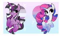 Size: 2048x1241 | Tagged: safe, artist:syrupyyy, rarity, twilight sparkle, pony, unicorn, g4, asexual, asexual pride flag, bisexual pride flag, blushing, bow, cute, duo, duo female, eyeshadow, female, gradient background, grin, makeup, mare, markings, pride, pride flag, raised hoof, raised leg, raribetes, smiling, smirk, tail, tail bow, twiabetes, unicorn twilight