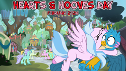 Size: 2063x1161 | Tagged: safe, artist:frownfactory, artist:not-yet-a-brony, gallus, silverstream, griffon, hippogriff, g4, 2024, february, female, glomp, hearts and hooves day, hippogriffia, holiday, hug, lyrics in the comments, male, mount aris, not sure if want, ship:gallstream, shipping, song in the description, straight, valentine's day, youtube link in the description
