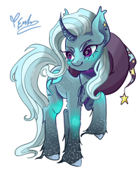 Size: 2400x3000 | Tagged: safe, artist:redlaserartist, trixie, pony, unicorn, g4, blushing, clothes, cutie mark eyes, ear piercing, female, hat, horn, horn pattern, knee blush, mare, piercing, raised hoof, signature, simple background, smiling, solo, tail, trixie's hat, unshorn fetlocks, white background, wingding eyes