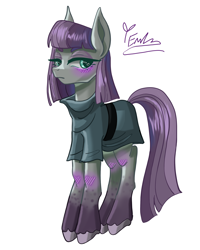 Size: 2400x3000 | Tagged: safe, artist:redlaserartist, maud pie, earth pony, pony, g4, blushing, clothes, coat markings, cutie mark eyes, female, frock coat, knee blush, lidded eyes, looking sideways, mare, signature, simple background, socks (coat markings), solo, tail, unshorn fetlocks, white background, wingding eyes