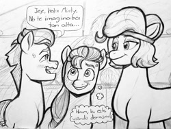 Size: 1024x771 | Tagged: safe, artist:pablosjuarez, hitch trailblazer, minty (g5), sunny starscout, earth pony, pony, g5, blushing, comic, cross-popping veins, dialogue, emanata, female, grayscale, headband, height difference, looking at each other, looking at someone, male, mare, monochrome, nervous, nervous smile, open mouth, smiling, smiling at each other, spanish, speech bubble, stallion, sweat, sweatdrop, thought bubble, traditional art, trio, wavy mouth