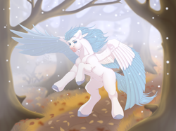 Size: 7087x5315 | Tagged: safe, artist:creed larsen, oc, oc only, pegasus, pony, commission, forest, hooves, leaves, nature, raised hoof, smiling, snow, snowfall, solo, tree, wings, winter