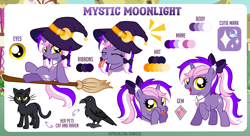 Size: 5450x2974 | Tagged: safe, artist:jennieoo, oc, oc only, oc:mystic moonlight, bird, cat, pony, raven (bird), unicorn, alternate hairstyle, bacon, broom, commission, cutie mark, fangs, female, female oc, filly, filly oc, flying, flying broomstick, foal, food, gem, happy, hat, horn, looking at you, meat, pigtails, pony oc, ponytail, raised hoof, reference sheet, show accurate, simple background, smiling, smiling at you, solo, tongue out, unicorn oc, vector, witch hat