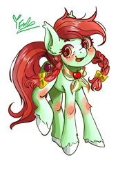 Size: 2400x3000 | Tagged: safe, artist:redlaserartist, candy apples, earth pony, pony, g4, apple family member, blushing, clothes, cutie mark eyes, female, knee blush, looking sideways, mare, open mouth, open smile, scarf, signature, simple background, smiling, solo, tail, unshorn fetlocks, white background, wingding eyes