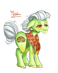 Size: 2400x3000 | Tagged: safe, artist:redlaserartist, granny smith, earth pony, pony, g4, bags under eyes, blushing, clothes, cutie mark eyes, female, knee blush, lidded eyes, mare, scarf, signature, simple background, smiling, solo, tail, unshorn fetlocks, white background, wingding eyes