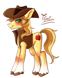 Size: 2400x3000 | Tagged: safe, artist:redlaserartist, braeburn, earth pony, pony, g4, blushing, clothes, cutie mark eyes, knee blush, lidded eyes, looking at you, male, signature, simple background, solo, stallion, tail, unshorn fetlocks, vest, white background, wingding eyes