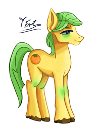 Size: 2400x3000 | Tagged: safe, artist:redlaserartist, mosely orange, uncle orange, earth pony, pony, g4, blushing, cutie mark eyes, knee blush, lidded eyes, male, signature, simple background, solo, stallion, tail, unshorn fetlocks, white background, wingding eyes