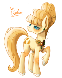 Size: 2400x3000 | Tagged: safe, artist:redlaserartist, aunt orange, earth pony, pony, g4, beauty mark, blushing, cutie mark eyes, female, jewelry, knee blush, mare, raised hoof, signature, simple background, solo, tail, unshorn fetlocks, white background, wingding eyes