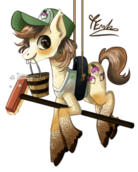 Size: 2400x3000 | Tagged: safe, artist:redlaserartist, hayseed turnip truck, earth pony, pony, g4, blushing, broom, bucket, clothes, coat markings, cutie mark eyes, dappled, hanging, hat, knee blush, male, mouth hold, shirt, signature, simple background, smiling, solo, stallion, tail, unshorn fetlocks, white background, wingding eyes