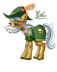 Size: 2400x3000 | Tagged: safe, artist:redlaserartist, apple strudel, earth pony, pony, g4, apple family member, blushing, clothes, cutie mark eyes, hat, knee blush, lederhosen, male, signature, simple background, solo, stallion, tail, unshorn fetlocks, white background, wingding eyes