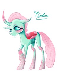 Size: 2400x3000 | Tagged: safe, artist:redlaserartist, ocellus, changedling, changeling, g4, blushing, concave belly, curved horn, female, horn, knee blush, looking at you, raised hoof, signature, simple background, skinny, smiling, smiling at you, solo, tail, thin, white background