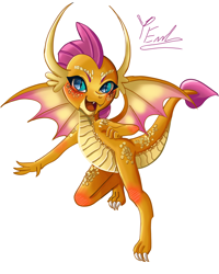 Size: 2400x3000 | Tagged: safe, artist:redlaserartist, smolder, dragon, g4, blushing, claws, dragoness, female, knee blush, looking at you, open mouth, open smile, scales, signature, simple background, smiling, solo, spread wings, tail, white background, wings