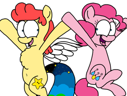 Size: 4000x3023 | Tagged: safe, artist:professorventurer, pinkie pie, oc, oc:power star, earth pony, pegasus, pony, g4, bipedal, female, jumping for joy, mare, rule 85, simple background, super mario 64, white background