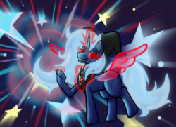 Size: 2000x1450 | Tagged: safe, artist:its-filly-silly, trixie, alicorn, pony, g4, alicorn amulet, artificial wings, augmented, ethereal mane, ethereal tail, explosion, nightmare trixie, nightmarified, race swap, solo, stars, tail, wings