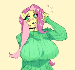 Size: 2283x2120 | Tagged: safe, artist:drizzlingprince, fluttershy, pegasus, anthro, g4, big breasts, blushing, breasts, busty fluttershy, choker, clothes, cute, emanata, female, huge breasts, long hair, long sleeves, looking away, open mouth, playing with hair, plewds, shy, shyabetes, simple background, solo, sweat, sweater, sweater puppies, sweatershy