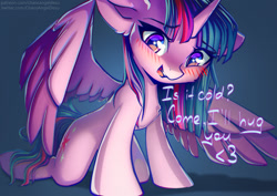 Size: 1323x935 | Tagged: safe, artist:chaosangeldesu, twilight sparkle, alicorn, pony, g4, anatomically incorrect, blushing, bronybait, chest fluff, female, heart, kneeling, looking at you, mare, smiling, smiling at you, solo, spread wings, talking to viewer, twilight sparkle (alicorn), wings