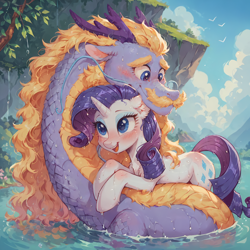 Size: 4096x4096 | Tagged: safe, ai assisted, ai content, artist:venisoncreampie, derpibooru exclusive, generator:pony diffusion v6 xl, generator:stable diffusion, rarity, steven magnet, dragon, eastern dragon, pony, sea serpent, unicorn, g4, blushing, chest fluff, cloud, cute, digital art, dragonified, dripping, duo, duo male and female, ear fluff, eyelashes, eyeshadow, female, flowing mane, flowing tail, horns, looking at each other, looking at someone, makeup, male, mare, ocean, open mouth, open smile, rarinet, request, scales, shipping, sky, smiling, smiling at each other, species swap, straight, swimming, tail, teeth, water, wet, wet mane