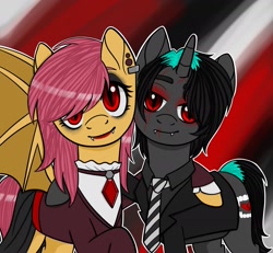 Size: 1998x1847 | Tagged: safe, artist:edgelords-still-arent-funny, fluttershy, bat pony, pony, unicorn, g4, bat ponified, clothes, dyed mane, ear piercing, eyeshadow, fangs, flutterbat, gerard way, looking at you, makeup, my chemical romance, necktie, piercing, ponified, race swap, red eyes, slit pupils, smiling, standing, tail, two toned mane, two toned tail