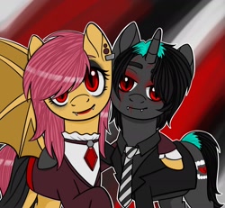 Size: 1998x1847 | Tagged: safe, artist:edgelords-still-arent-funny, fluttershy, bat pony, pony, unicorn, g4, bat ponified, clothes, duo, dyed mane, ear piercing, eyeshadow, fangs, flutterbat, gerard way, looking at you, makeup, my chemical romance, necktie, piercing, ponified, race swap, red eyes, slit pupils, smiling, standing, tail, two toned mane, two toned tail