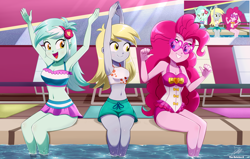 Size: 3034x1934 | Tagged: safe, artist:the-butch-x, screencap, derpy hooves, lyra heartstrings, pinkie pie, equestria girls, g4, i'm on a yacht, my little pony equestria girls: better together, armpits, belly button, bikini, bikini top, breasts, clothes, cute, derpabetes, diapinkes, female, grin, lyra heartstrings swimsuit, lyrabetes, midriff, one-piece swimsuit, open mouth, pinkie pie swimsuit, scene interpretation, screencap reference, smiling, sunglasses, swimming pool, swimsuit, trio, trio female, trunks, vip, water, yacht