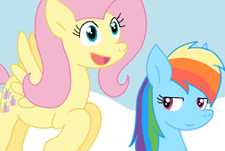Size: 1014x682 | Tagged: safe, artist:cmara, fluttershy, rainbow dash, pegasus, pony, g4, female, flying, open mouth, open smile, smiling