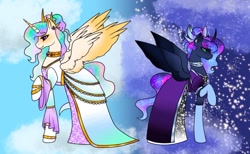 Size: 640x393 | Tagged: safe, artist:edgelords-still-arent-funny, princess celestia, princess luna, alicorn, pony, g4, bracelet, clothes, cloud, crown, curved horn, ear piercing, female, freckles, hair up, horn, jewelry, peytral, piercing, raised hoof, regalia, skirt, sky background, spread wings, standing, stars, wings