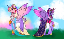 Size: 2048x1258 | Tagged: safe, artist:edgelords-still-arent-funny, princess cadance, twilight sparkle, alicorn, pony, g4, blushing, clothes, cloud, crown, dress, freckles, greek clothes, hair up, hoof shoes, horn, jewelry, peytral, raised hoof, regalia, sisters-in-law, skirt, sky background, spread wings, twilight sparkle (alicorn), wings