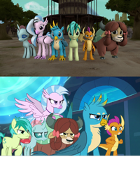 Size: 1080x1350 | Tagged: safe, artist:gaelgaming1, screencap, gallus, ocellus, sandbar, silverstream, smolder, yona, changedling, changeling, classical hippogriff, dragon, earth pony, griffon, hippogriff, pony, yak, g4, school raze, 3d, cloven hooves, dragoness, female, male, ponyville town hall, source filmmaker, student six, tree