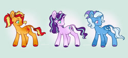 Size: 827x382 | Tagged: safe, artist:anjach, starlight glimmer, sunset shimmer, trixie, pony, unicorn, g4, base used, counterparts, female, gradient background, leonine tail, tail, trio, twilight's counterparts