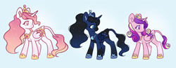 Size: 826x320 | Tagged: safe, artist:anjach, princess cadance, princess celestia, princess luna, alicorn, pony, g4, base used, blaze (coat marking), coat markings, colored ear fluff, colored wings, colored wingtips, facial markings, female, folded wings, full body, gradient background, gradient mane, hoof shoes, jewelry, leonine tail, mare, mealy mouth (coat marking), no pupils, princess shoes, redesign, regalia, socks (coat markings), tail, trio, wings